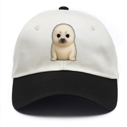 Baby Harp Seal - pure white fluffy fur, enormous dark eyes, front-facing, iconic cute - Two Tone Cap - Black