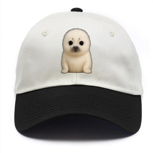 Baby Harp Seal - pure white fluffy fur, enormous dark eyes, front-facing, iconic cute - Two Tone Cap - Black
