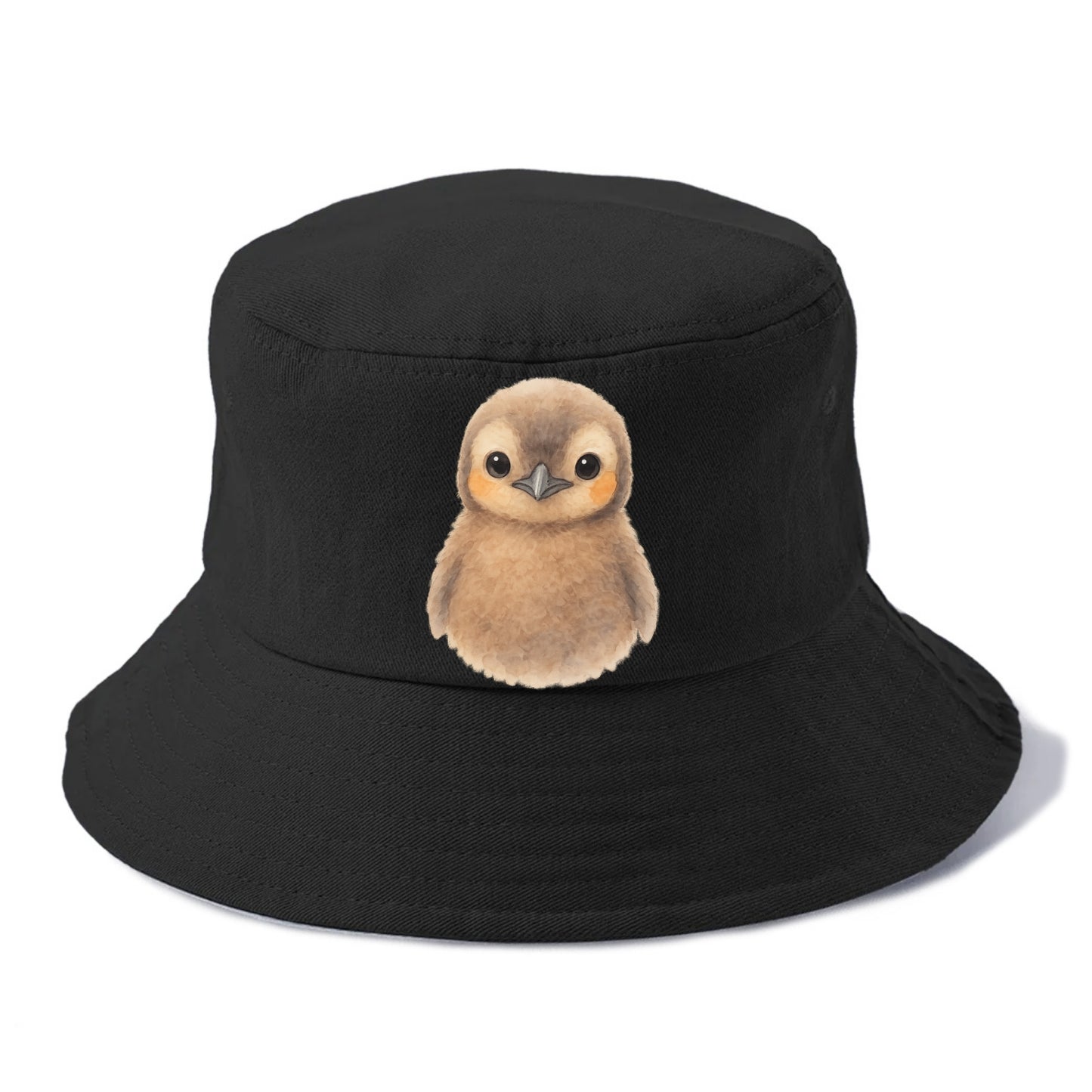 Baby King Penguin - orange cheek patches, fluffy brown, large eyes, front-facing, - Bucket Hat - Black