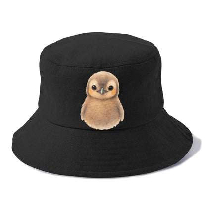 Baby King Penguin - orange cheek patches, fluffy brown, large eyes, front-facing, - Bucket Hat - Black