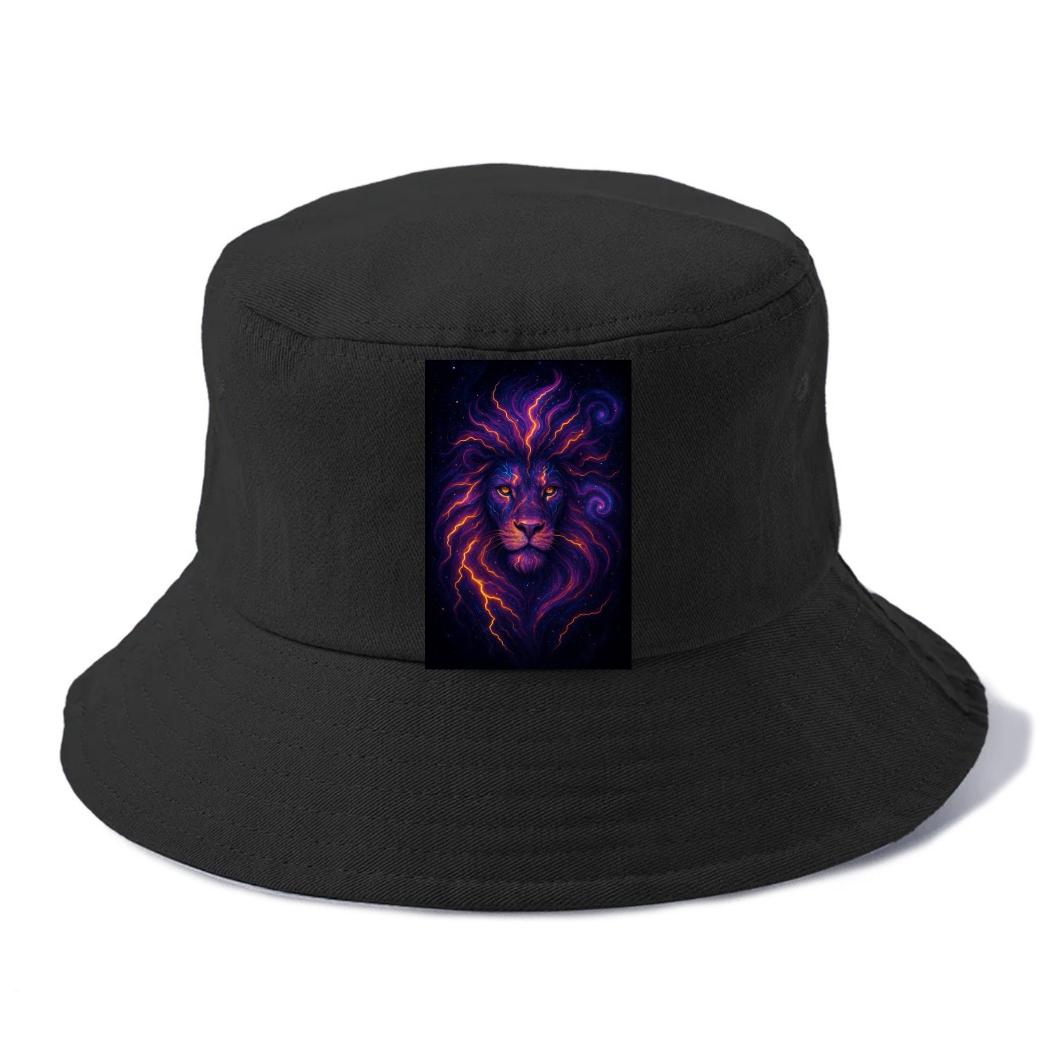 Regal lion with mane made of electric currents, neon yellow and hot pink energy flows, - Bucket Hat - Black