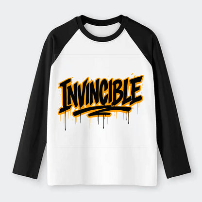 Bold typography design - "INVINCIBLE" - cannot be defeated, - Raglan Long Sleeve T-Shirt - Black