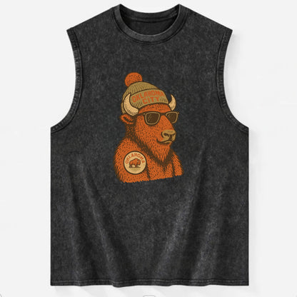 Oklahoma Buffalo wearing Oklahoma City beanie with pom pom and wayfarer - Vintage Washed Tank - Black