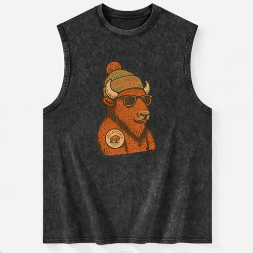 Oklahoma Buffalo wearing Oklahoma City beanie with pom pom and wayfarer - Vintage Washed Tank