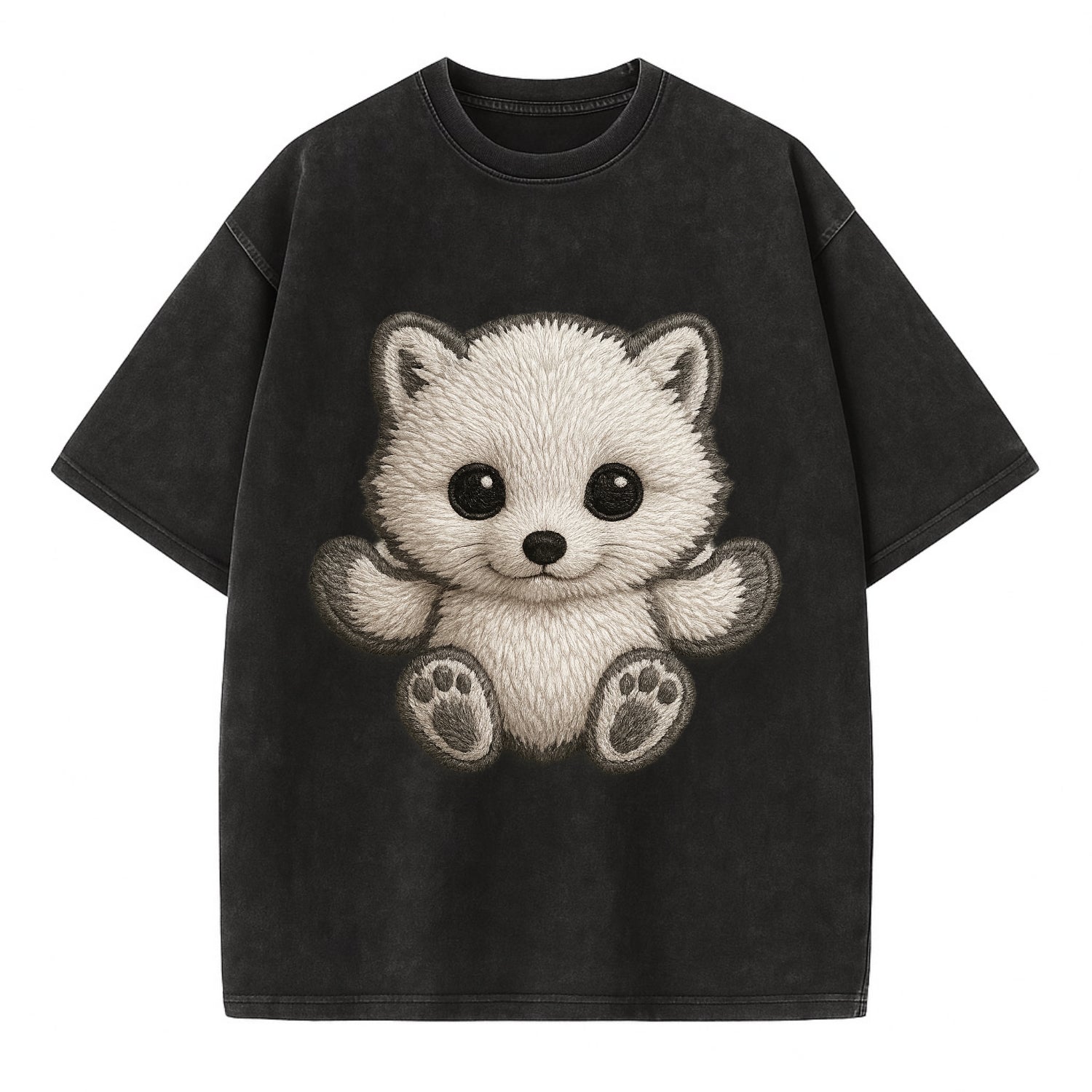 Baby Arctic Fox - white fluffy, tiny black nose, bright curious eyes, - Vintage T-shirt - Black