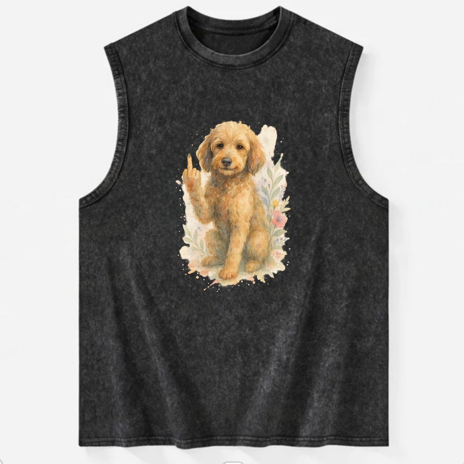 Labradoodle hypoallergenic with wavy coat, intelligent eyes, paw raised - Vintage Washed Tank - Black
