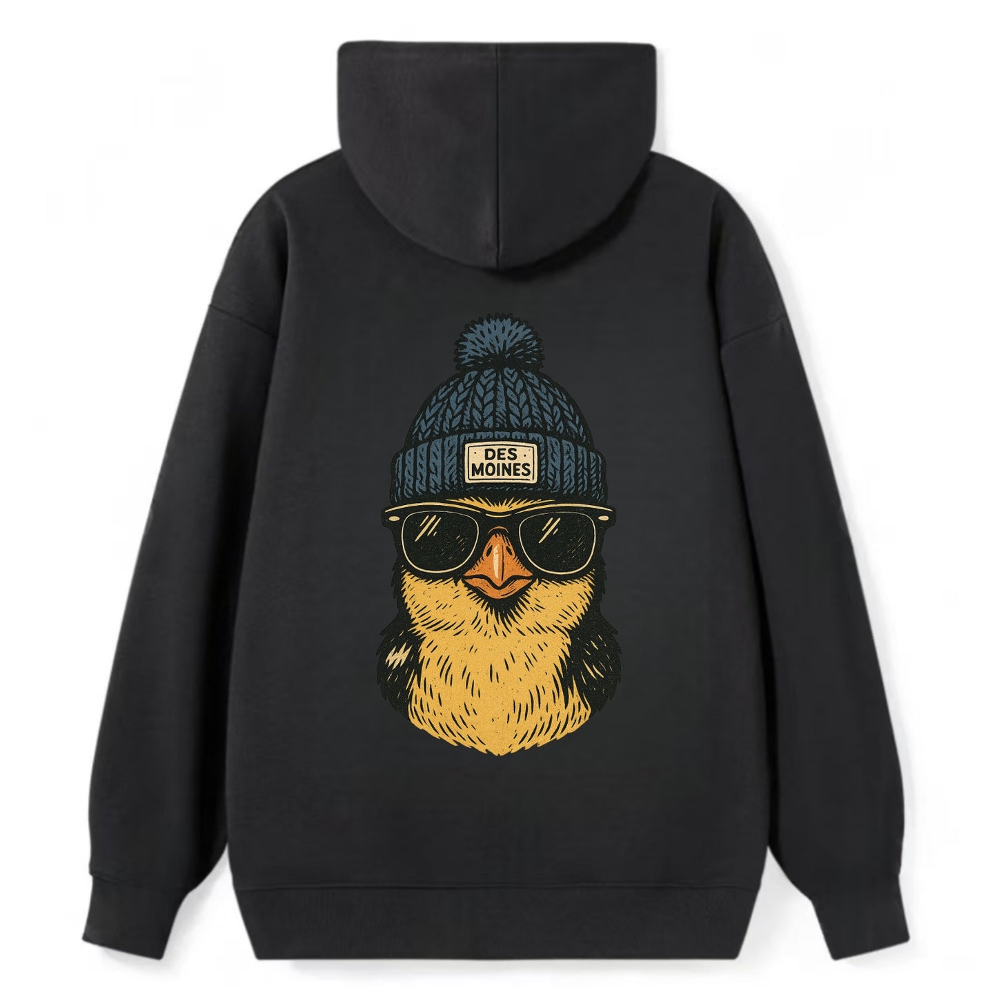 Iowa Goldfinch wearing Des Moines beanie with pom pom and wayfarer - Classic Pullover Hoodie - Black