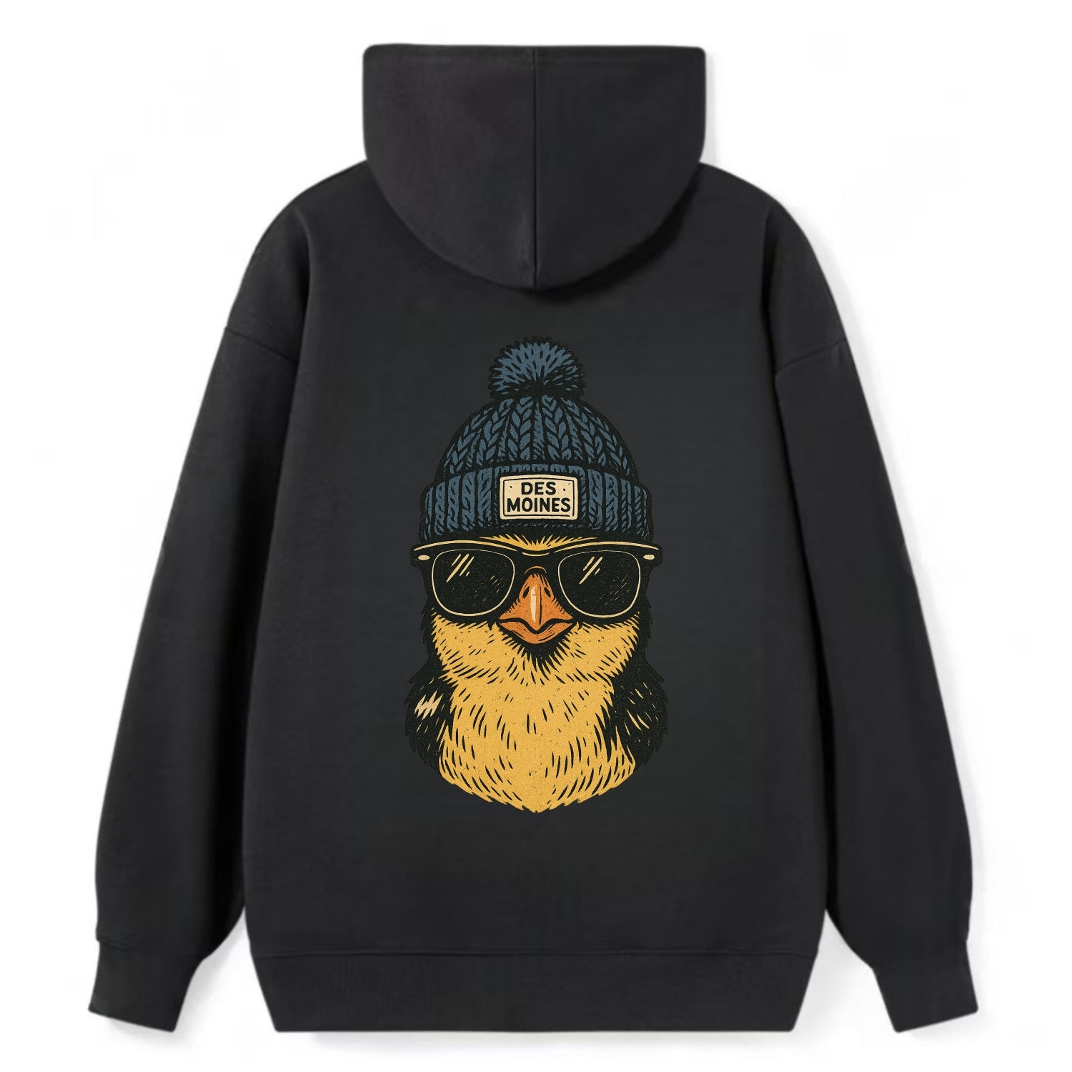 Iowa Goldfinch wearing Des Moines beanie with pom pom and wayfarer - Classic Pullover Hoodie - Black