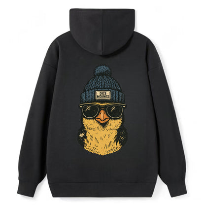 Iowa Goldfinch wearing Des Moines beanie with pom pom and wayfarer - Classic Pullover Hoodie - Black