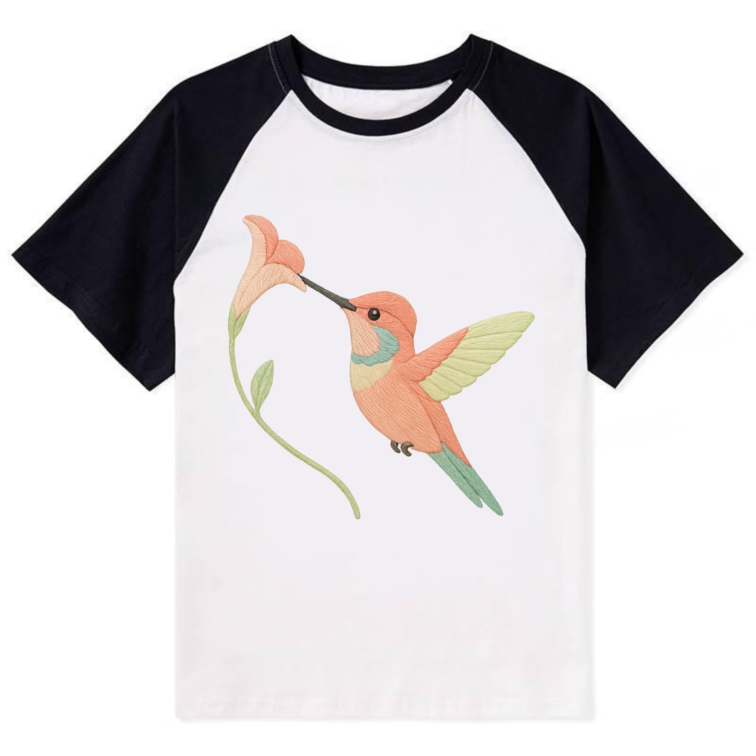 Coral Hummingbird - Contrast Raglan T-shirt - Black