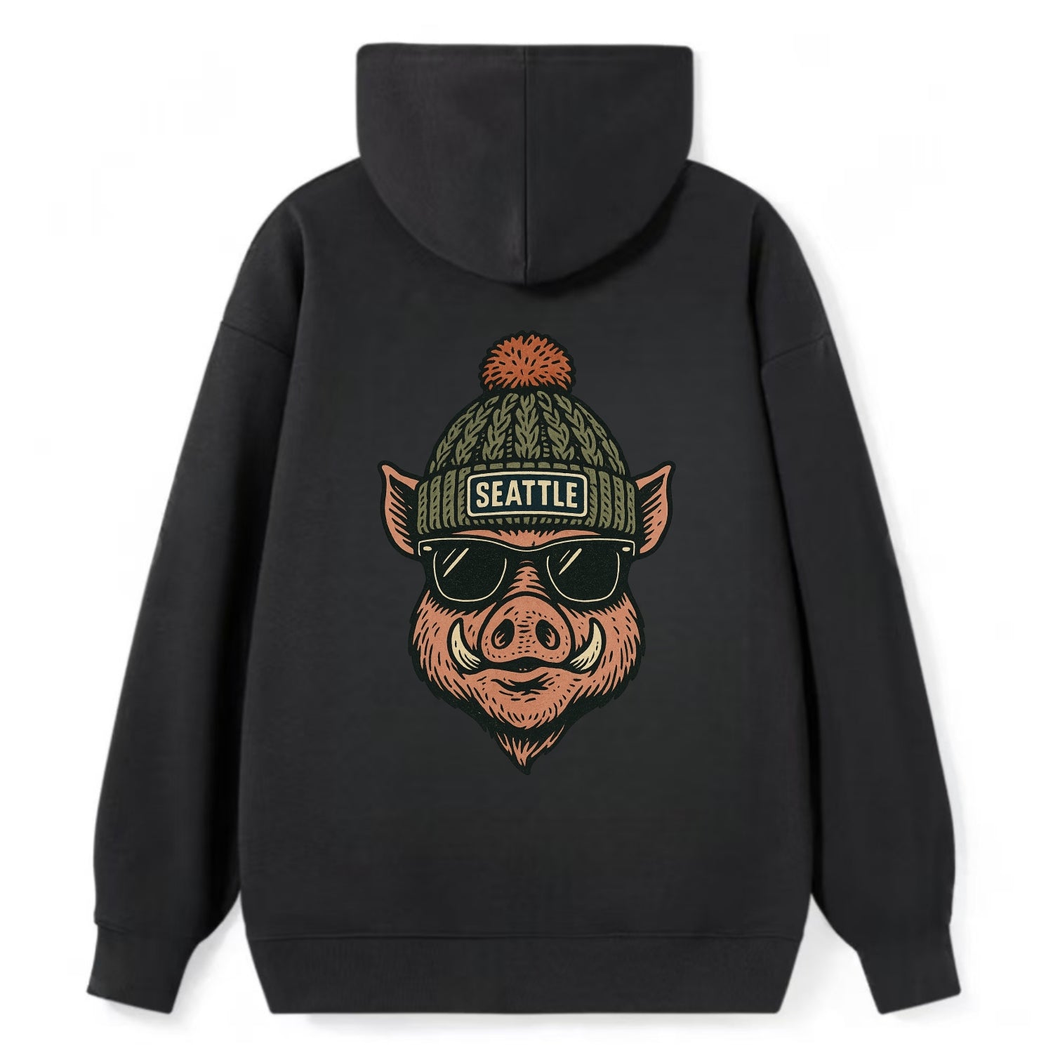 Washington Hog wearing Seattle beanie with pom pom and wayfarer sunglasses - Classic Pullover Hoodie - Black