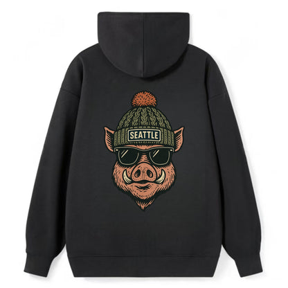 Washington Hog wearing Seattle beanie with pom pom and wayfarer sunglasses - Classic Pullover Hoodie - Black