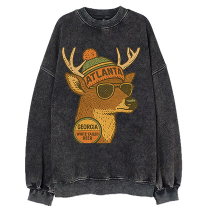 Georgia White-tailed Deer wearing Atlanta beanie with pom pom and wayfarer - Vintage Sweatshirt - Black