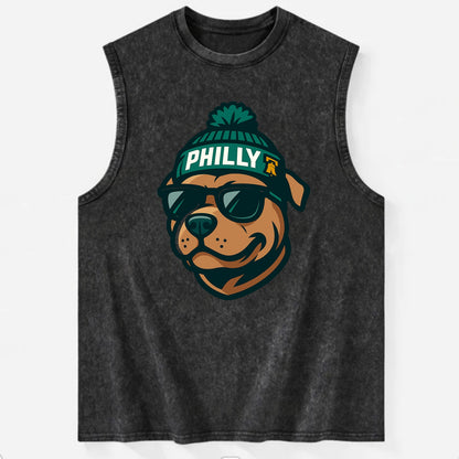 Philly Pitbull wearing Eagles beanie with Liberty Bell patch and wayfarer - Vintage Washed Tank - Black