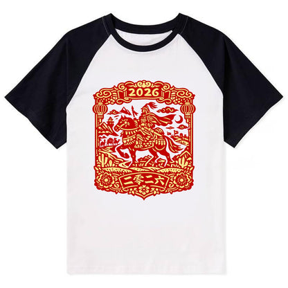 HORSE AND RIDER | Traditional Chinese warrior on horseback | Silk Road - Contrast Raglan T-shirt - Black