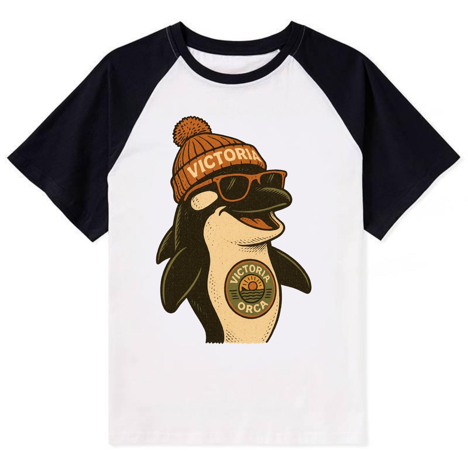 Victoria Orca wearing Victoria beanie wi - Contrast Raglan T-shirt - Black