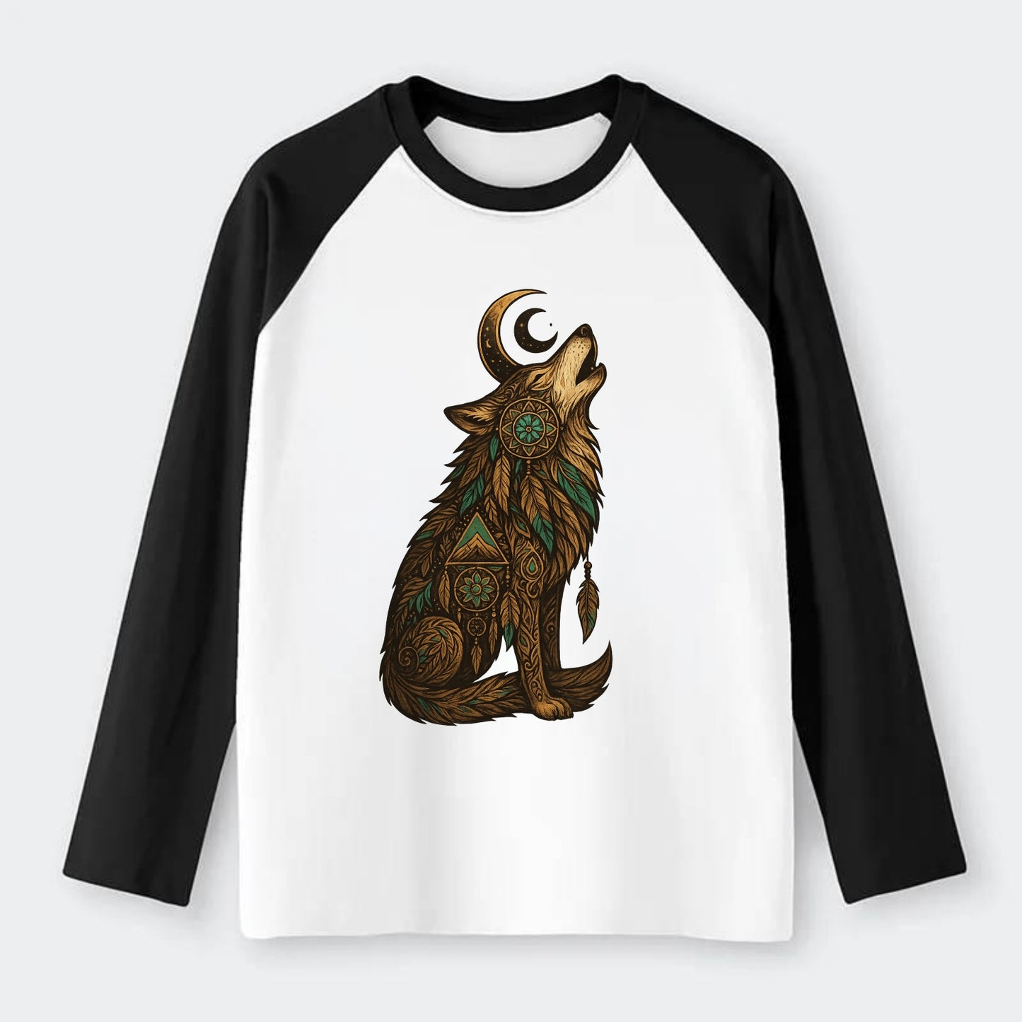 Celestial Moon Wolf  - Raglan Long Sleeve T-Shirt - Black