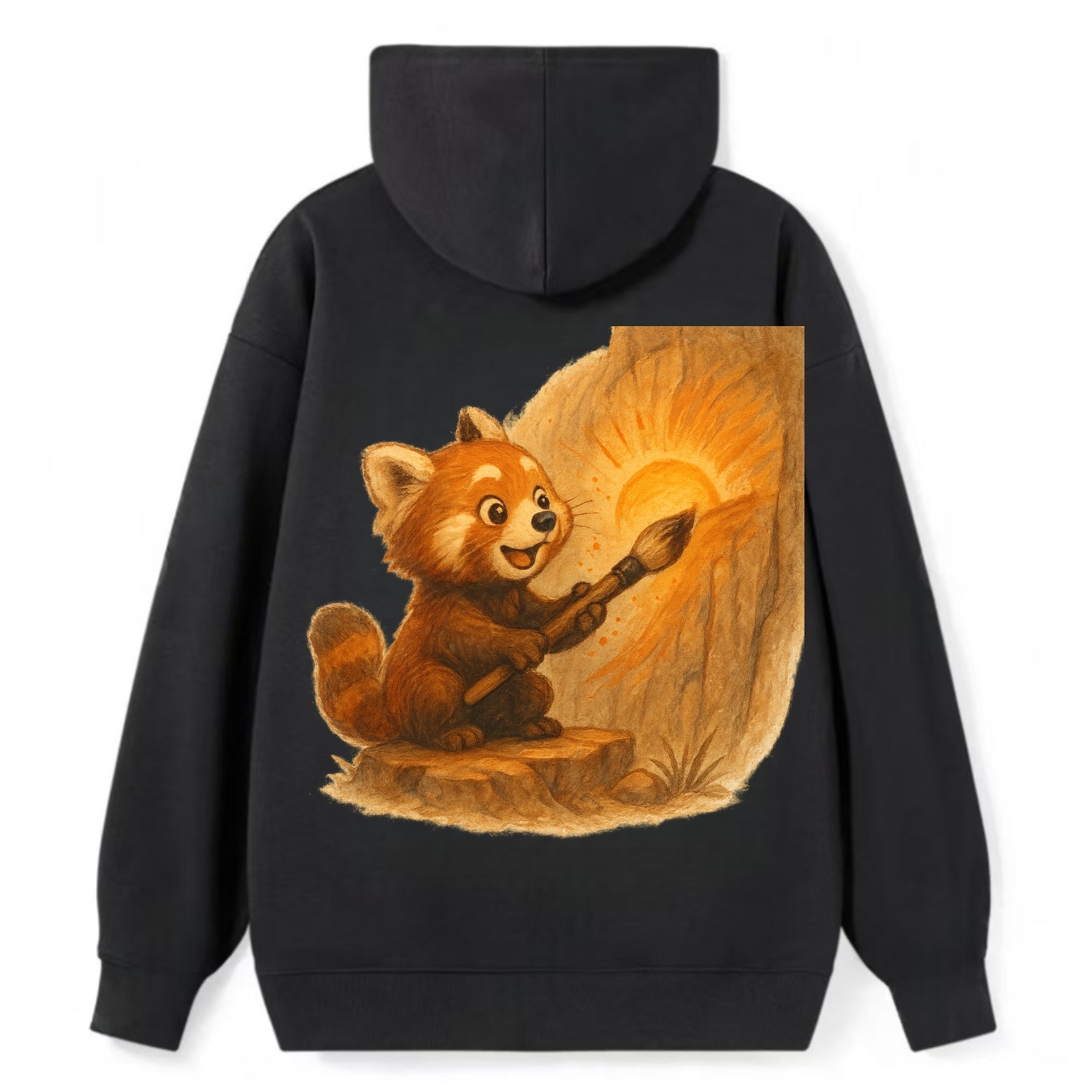 Red panda painting a sunrise mural with an oversized calligraphy brush on - Classic Pullover Hoodie - Black