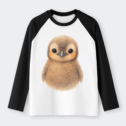Baby King Penguin - orange cheek patches, fluffy brown, large eyes, - Raglan Long Sleeve T-Shirt - Black