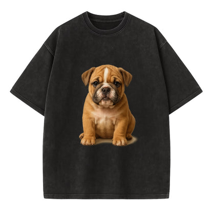 Baby Bulldog Puppy - wrinkly face, underbite, stocky body, gentle eyes, - Vintage T-shirt - Black