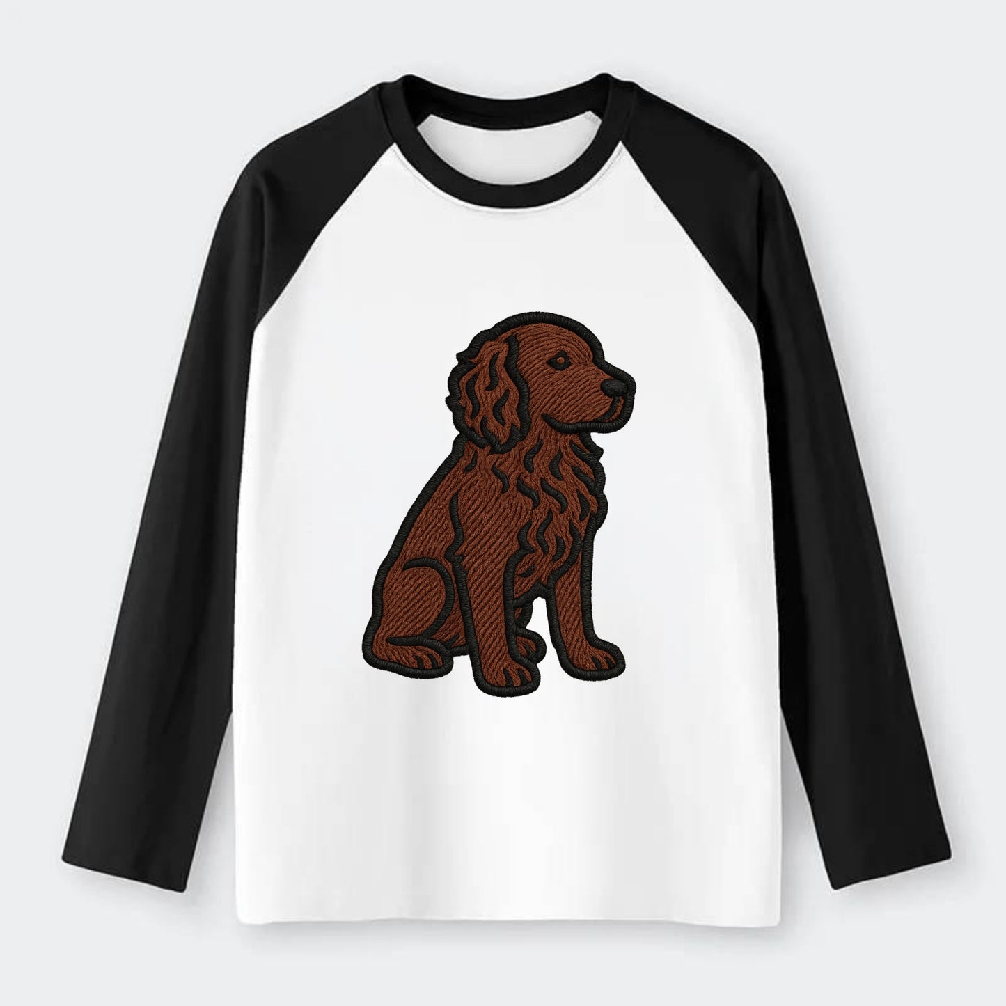 Boykin Spaniel - Rich chocolate brown wavy coat embroidered sitting - Raglan Long Sleeve T-Shirt - Black