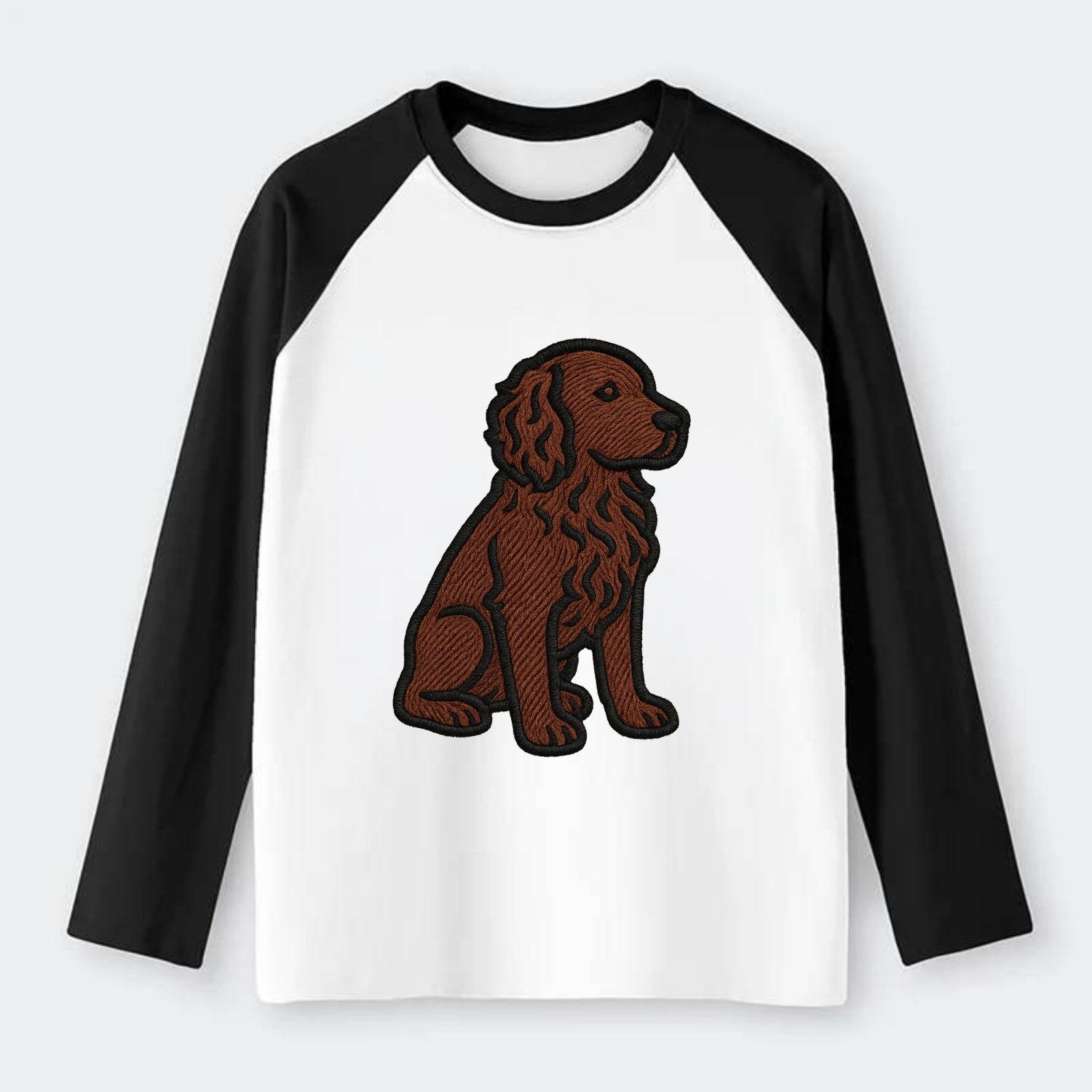Boykin Spaniel - Rich chocolate brown wavy coat embroidered sitting - Raglan Long Sleeve T-Shirt - Black