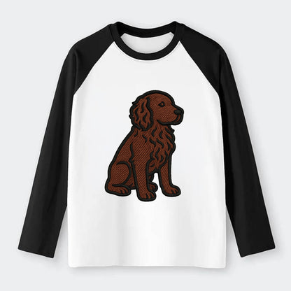 Boykin Spaniel - Rich chocolate brown wavy coat embroidered sitting - Raglan Long Sleeve T-Shirt - Black