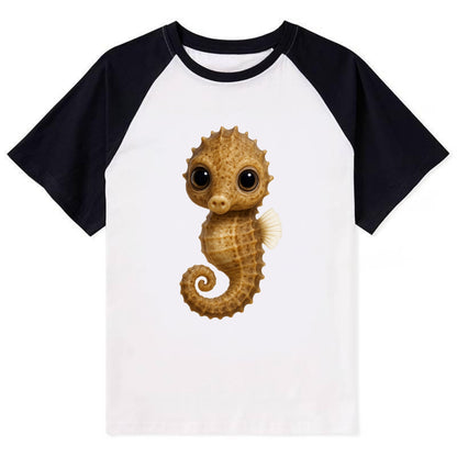 Baby Seahorse - curled tail, snout, large eyes, front-facing, delicate - Contrast Raglan T-shirt - Black