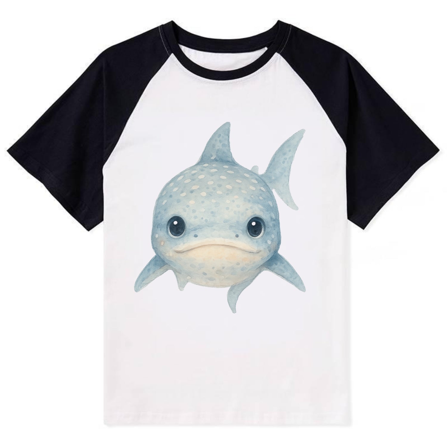 Baby Whale Shark - spotted blue-gray, wide mouth closed, tiny eyes, - Contrast Raglan T-shirt - Black