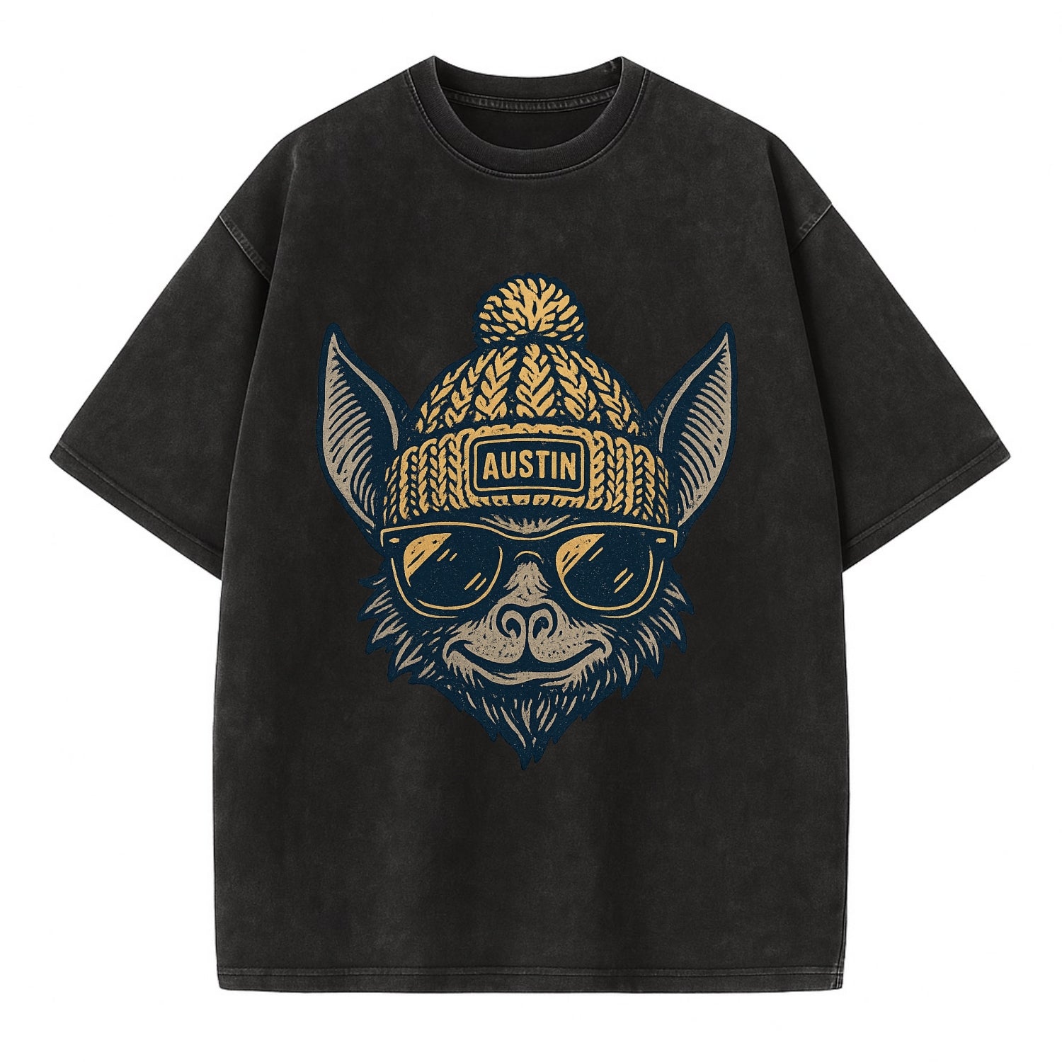 Austin Bat wearing Austin beanie with pom pom and wayfarer sunglasses - Vintage T-shirt - Black