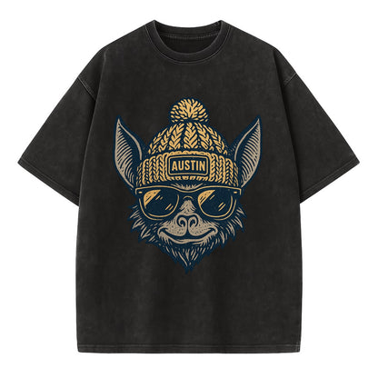 Austin Bat wearing Austin beanie with pom pom and wayfarer sunglasses - Vintage T-shirt - Black