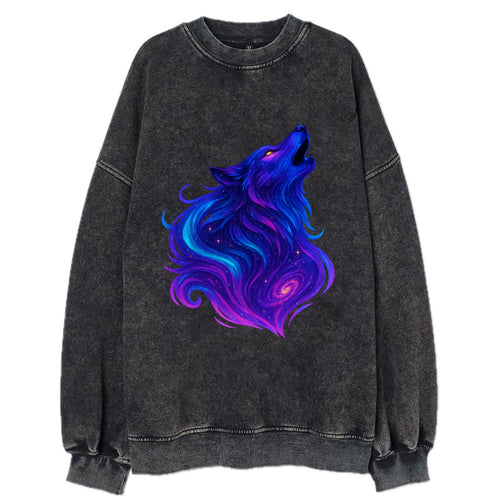 Noble wolf with flowing fur that transforms into aurora borealis streams, cyan - Vintage Sweatshirt