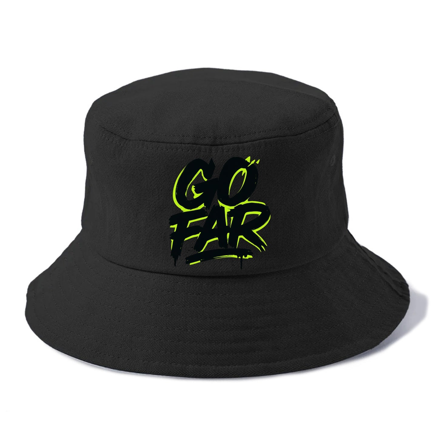 Bold typography design - "GO FAR" - distance goals, pushing limits - Bucket Hat - Black