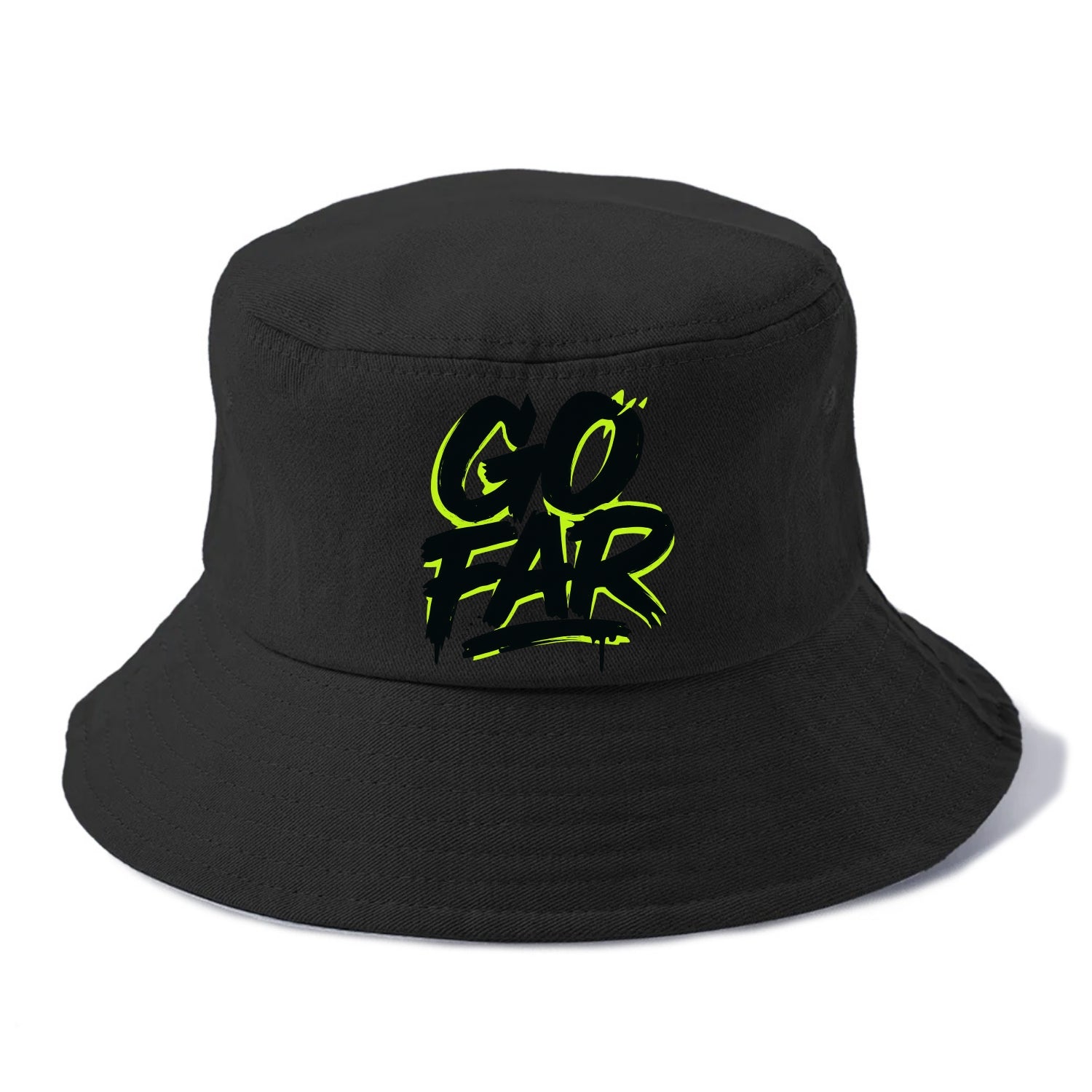 Bold typography design - "GO FAR" - distance goals, pushing limits - Bucket Hat - Black