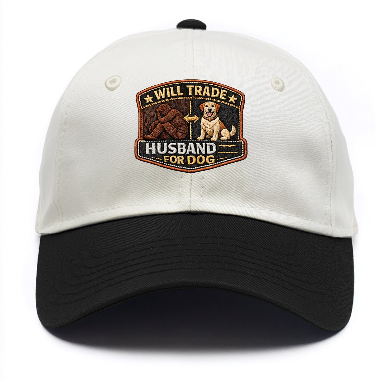 WILL TRADE HUSBAND FOR DOG - dog and man silhouette in brown , pet priority - Two Tone Cap - Black