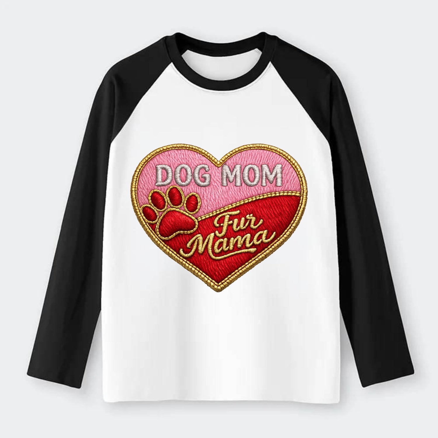 DOG MOM HEART - heart with paw print in pink and red , fur mama - Raglan Long Sleeve T-Shirt - Black