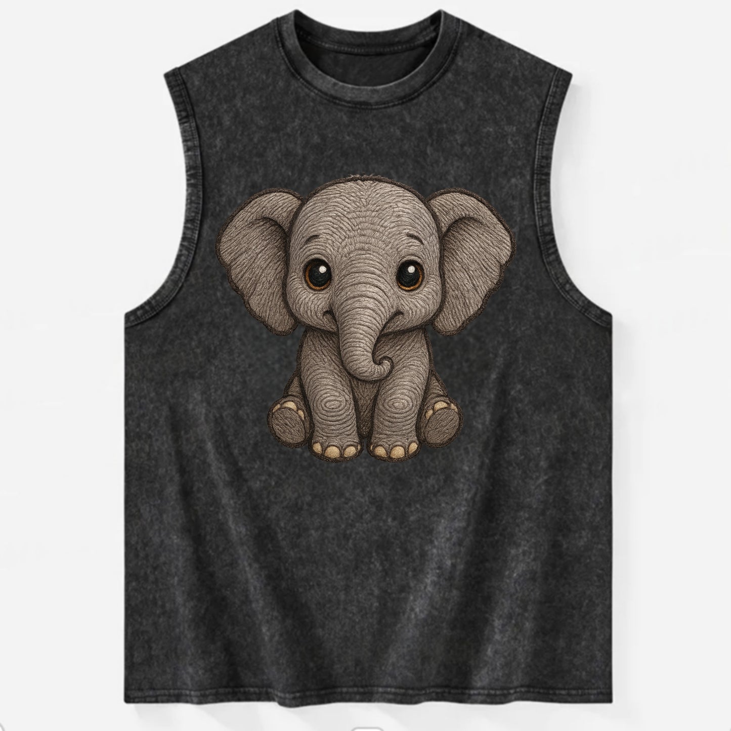 Baby Elephant - gray wrinkly, tiny trunk, large floppy ears, kind dark eyes, - Vintage Washed Tank - Black