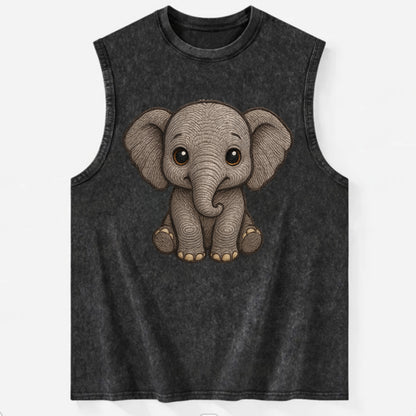Baby Elephant - gray wrinkly, tiny trunk, large floppy ears, kind dark eyes, - Vintage Washed Tank - Black
