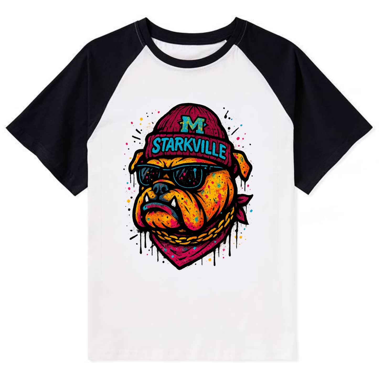 Starkville Bulldog wearing Mississippi State beanie with M patch - Contrast Raglan T-shirt - Black