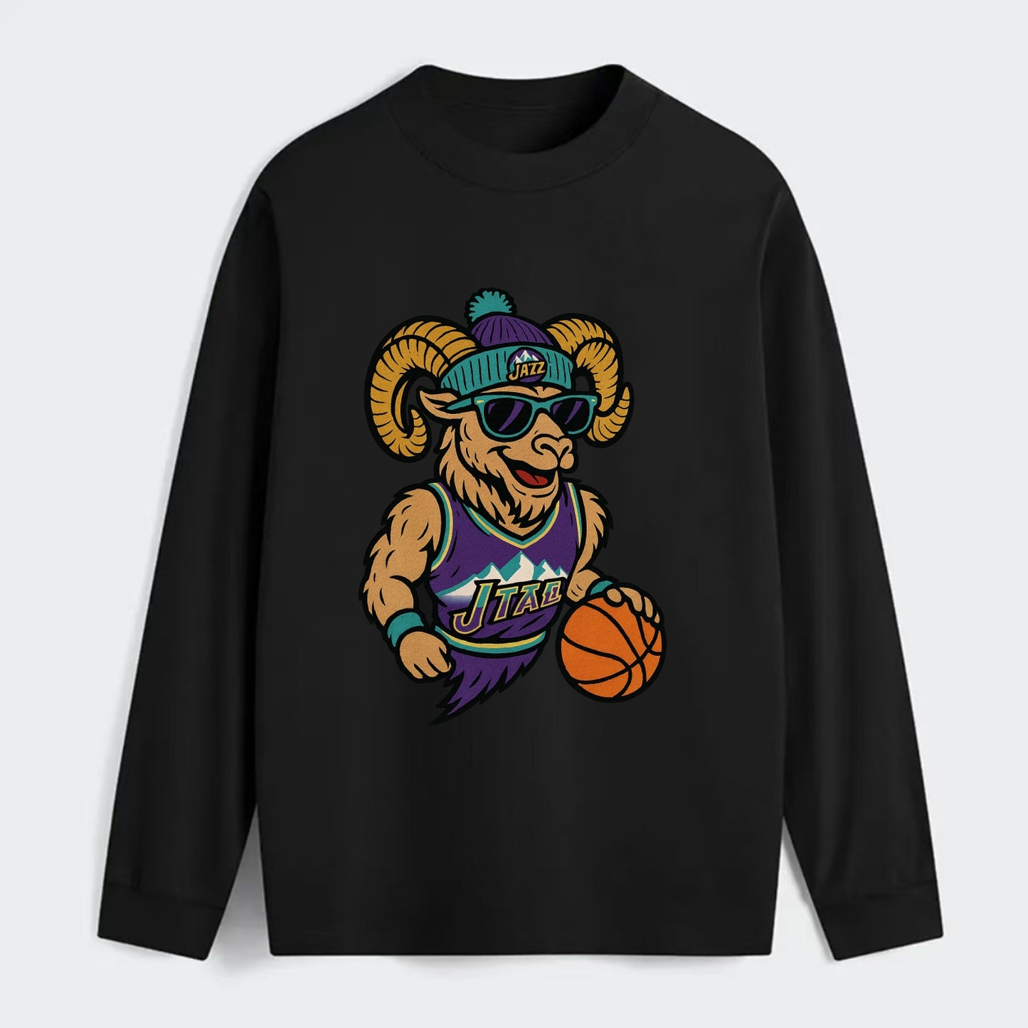 Utah Bighorn wearing Jazz beanie with mountain melody patch and - Classic Long Sleeve Shirt - Black