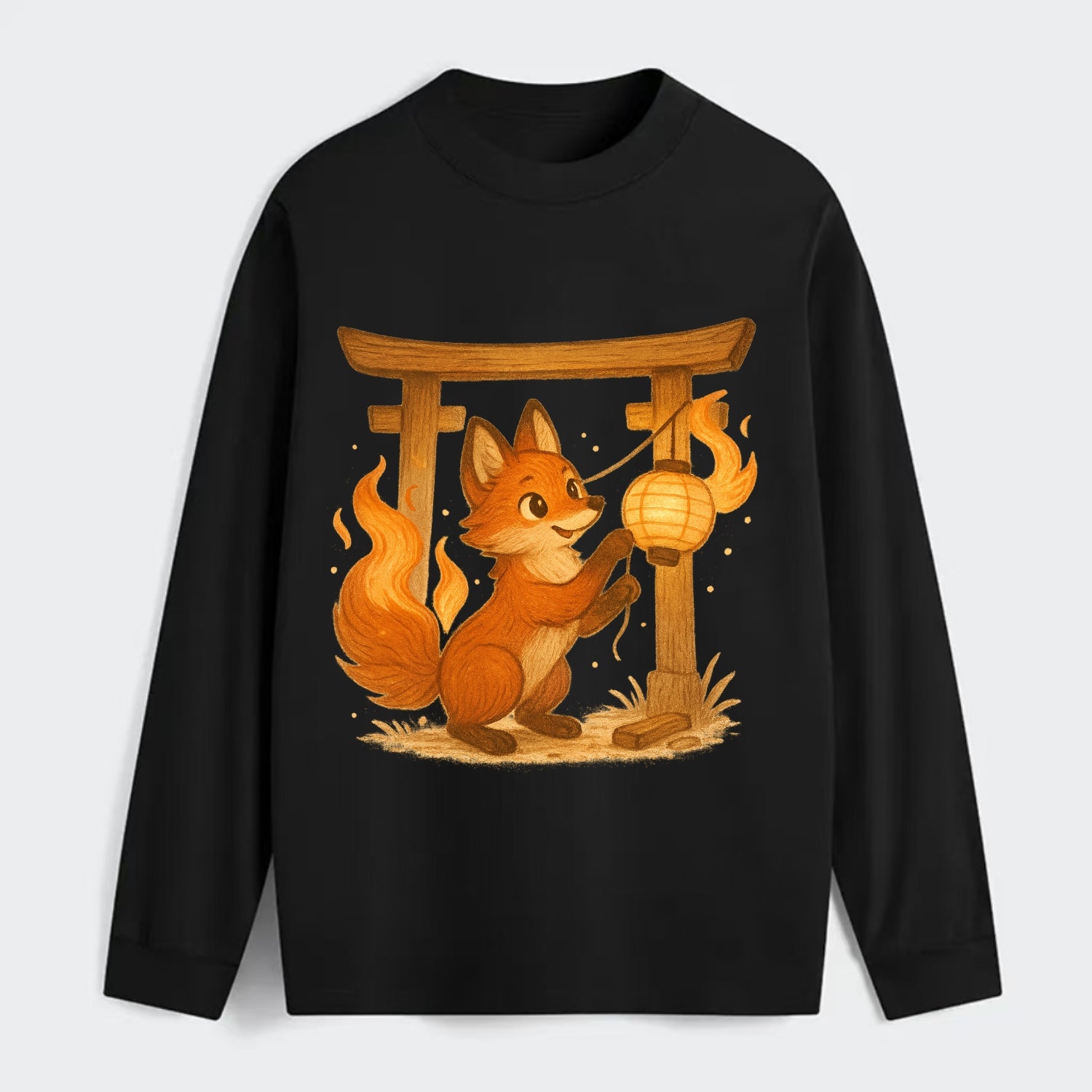 Foxfire kitsune stringing lanterns along a torii gate with tails of - Classic Long Sleeve Shirt - Black