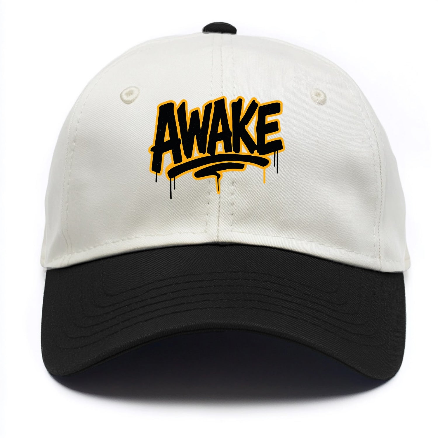 Bold typography design - "AWAKE" - conscious, aware, alert - Two Tone Cap - Black