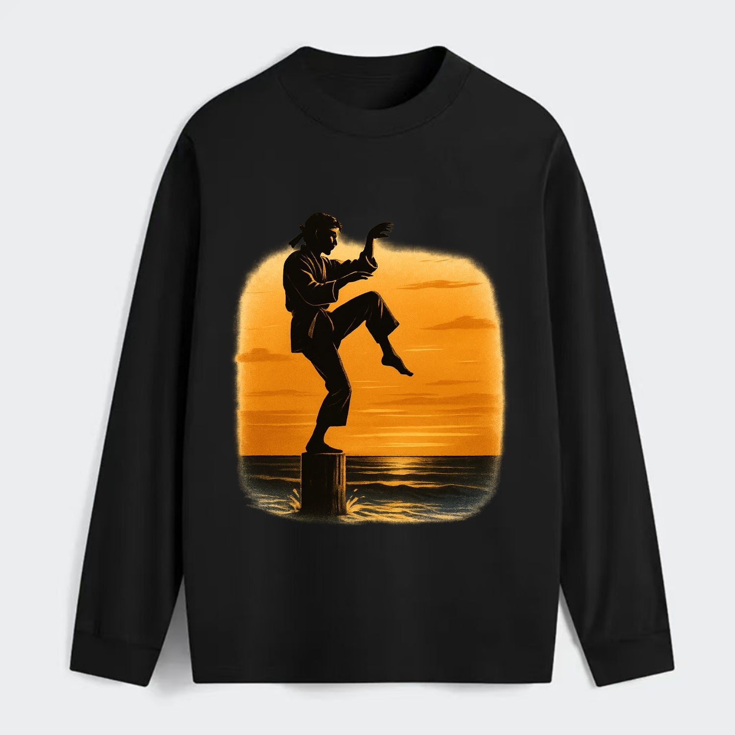 karate crane kick pose on wooden post at beach sunset - Classic Long Sleeve Shirt - Black