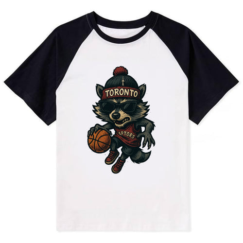 Toronto Raccoon wearing Raptors beanie with CN Tower patch and wayfarer - Contrast Raglan T-shirt