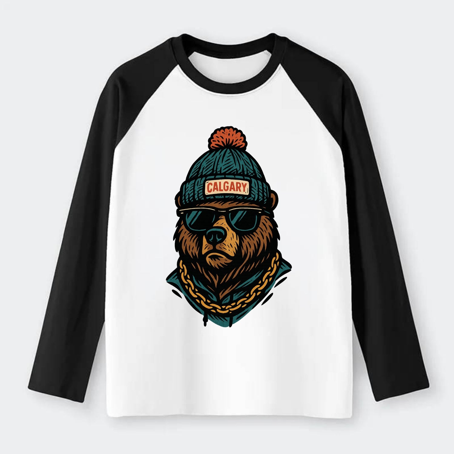 Calgary Grizzly Bear wearing Calgary beanie with pom pom and wayfarer - Raglan Long Sleeve T-Shirt - Black