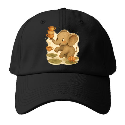 Elephant balancing teacups during a floating tea ceremony beside lotus ponds - Baseball Cap - Black
