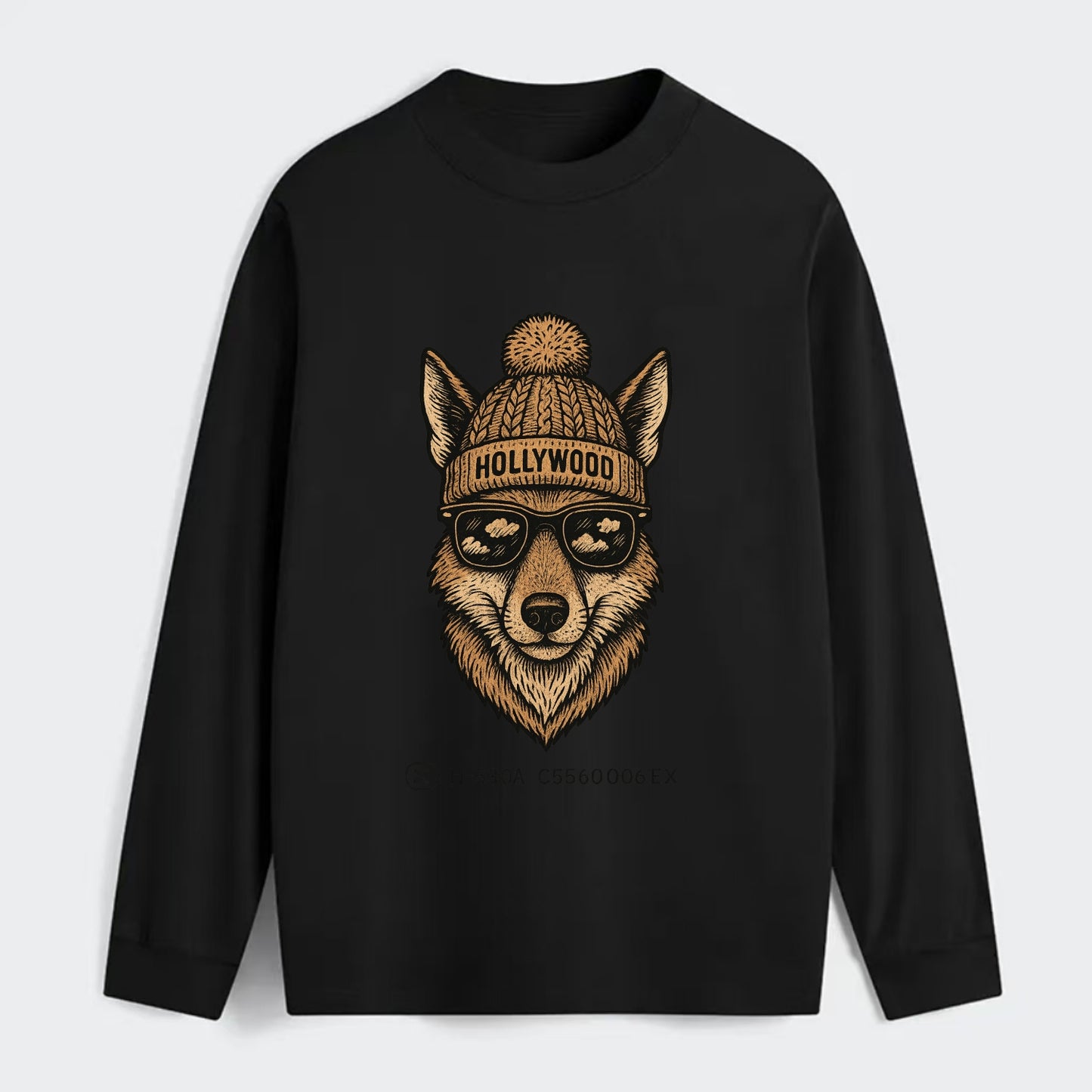 LA Coyote wearing Hollywood beanie with pom pom and wayfarer sunglasses - Classic Long Sleeve Shirt - Black