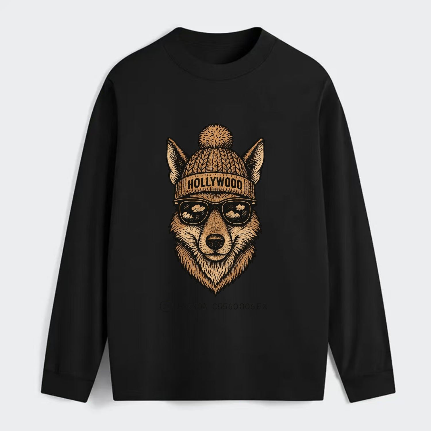 LA Coyote wearing Hollywood beanie with pom pom and wayfarer sunglasses - Classic Long Sleeve Shirt - Black