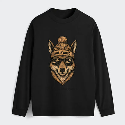 LA Coyote wearing Hollywood beanie with pom pom and wayfarer sunglasses - Classic Long Sleeve Shirt - Black