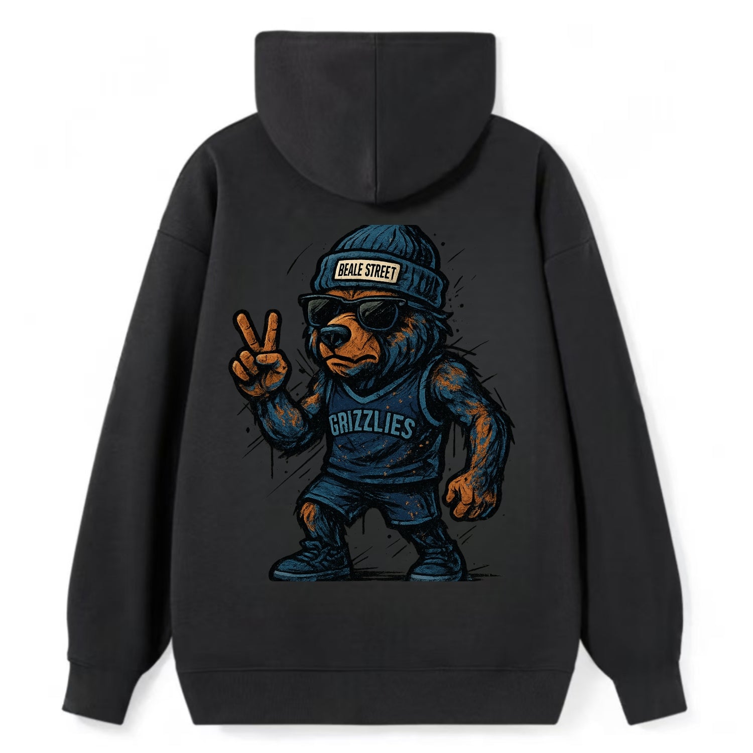 Memphis Grizzly Bear wearing Grizzlies navy and light blue beanie with - Classic Pullover Hoodie - Black